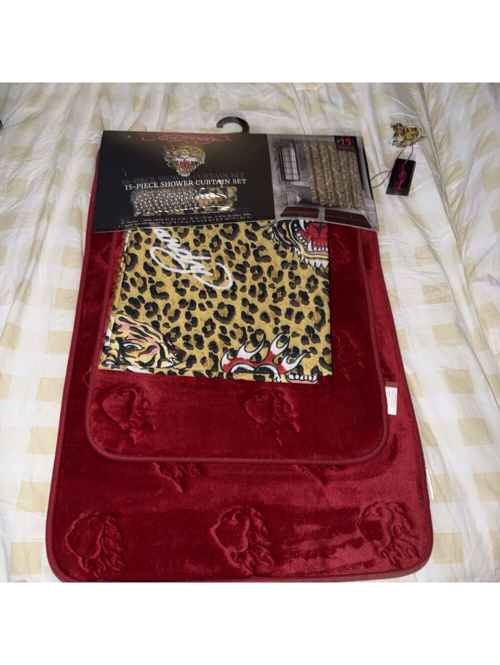 Ed Hardy Leopard Print & Tiger Shower Curtain With Red Memory Foam Rugs Set New